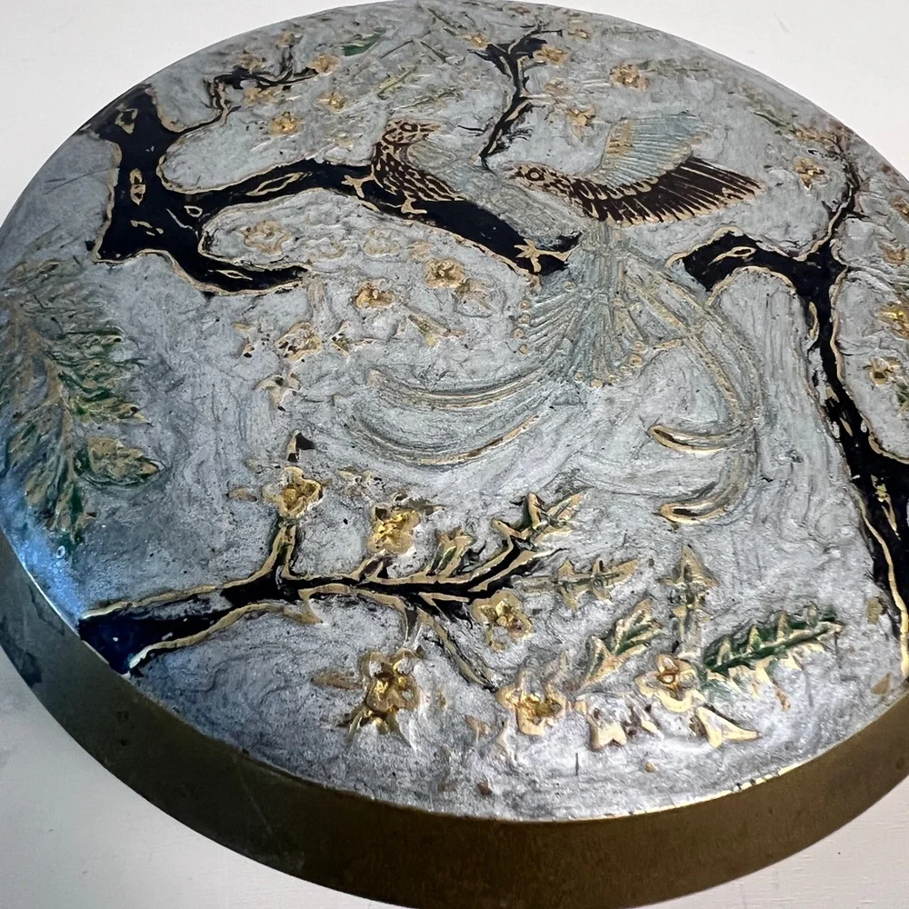 Vintage Solid Brass Trinket Jewelry Box Birds & Flowers Motif Lidded Dish 5” x 2